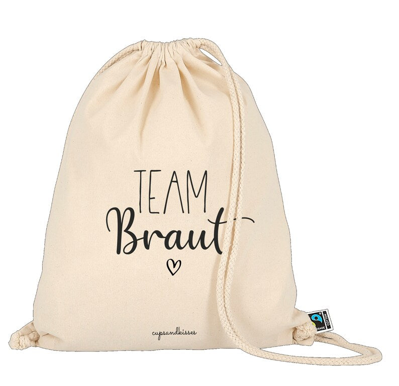 Fairtrade zertifizierter Baumwoll-Turnbeutel "Team Braut" + Brautbeutel gratis, Personalisierung möglich, OEKO-TEX, verschiedene Farben
