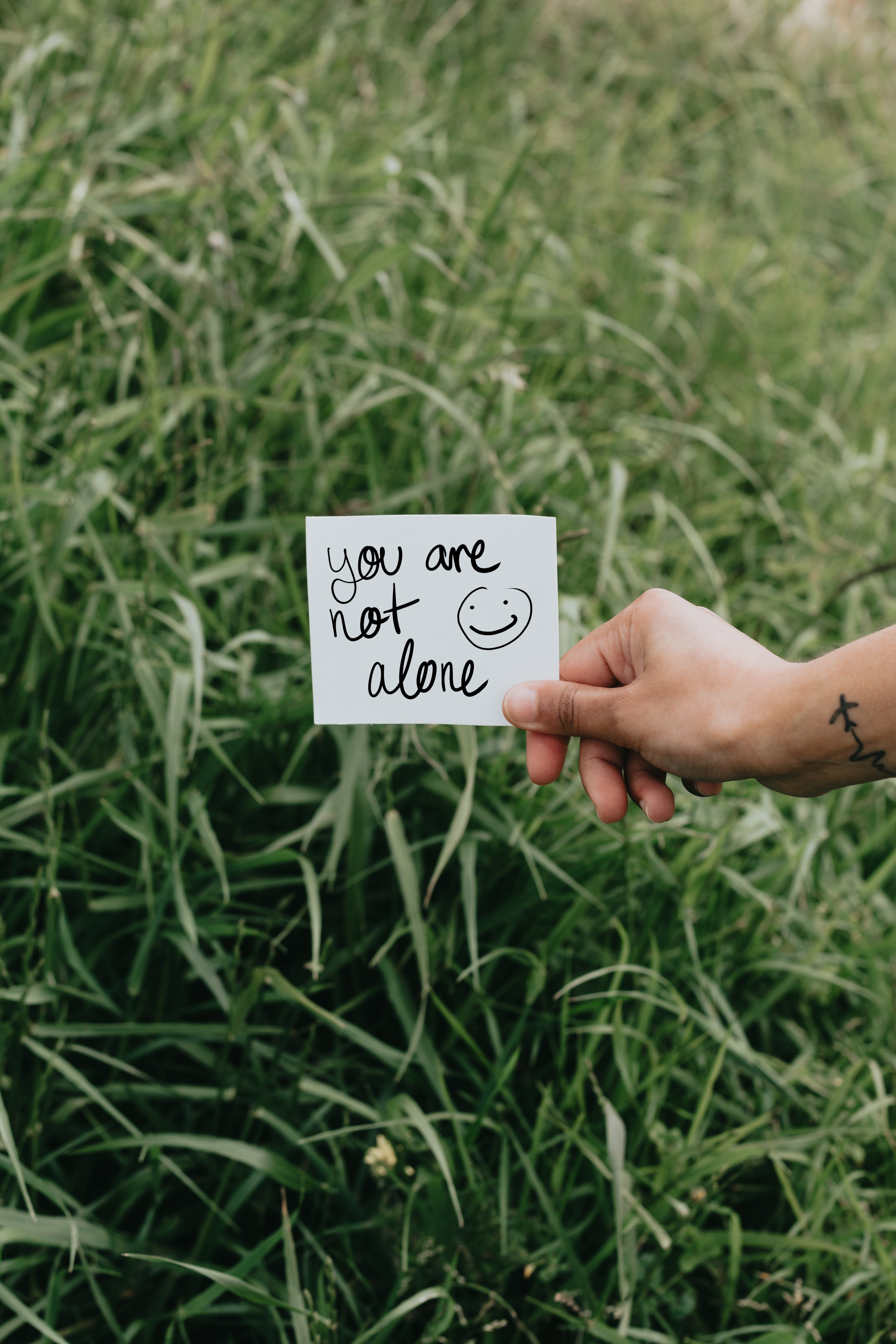 Hand die einen Zettel mit der Aufschrift "you are not alone" in der Hand hält. Als Hintergrund ist eine grüne Wiese